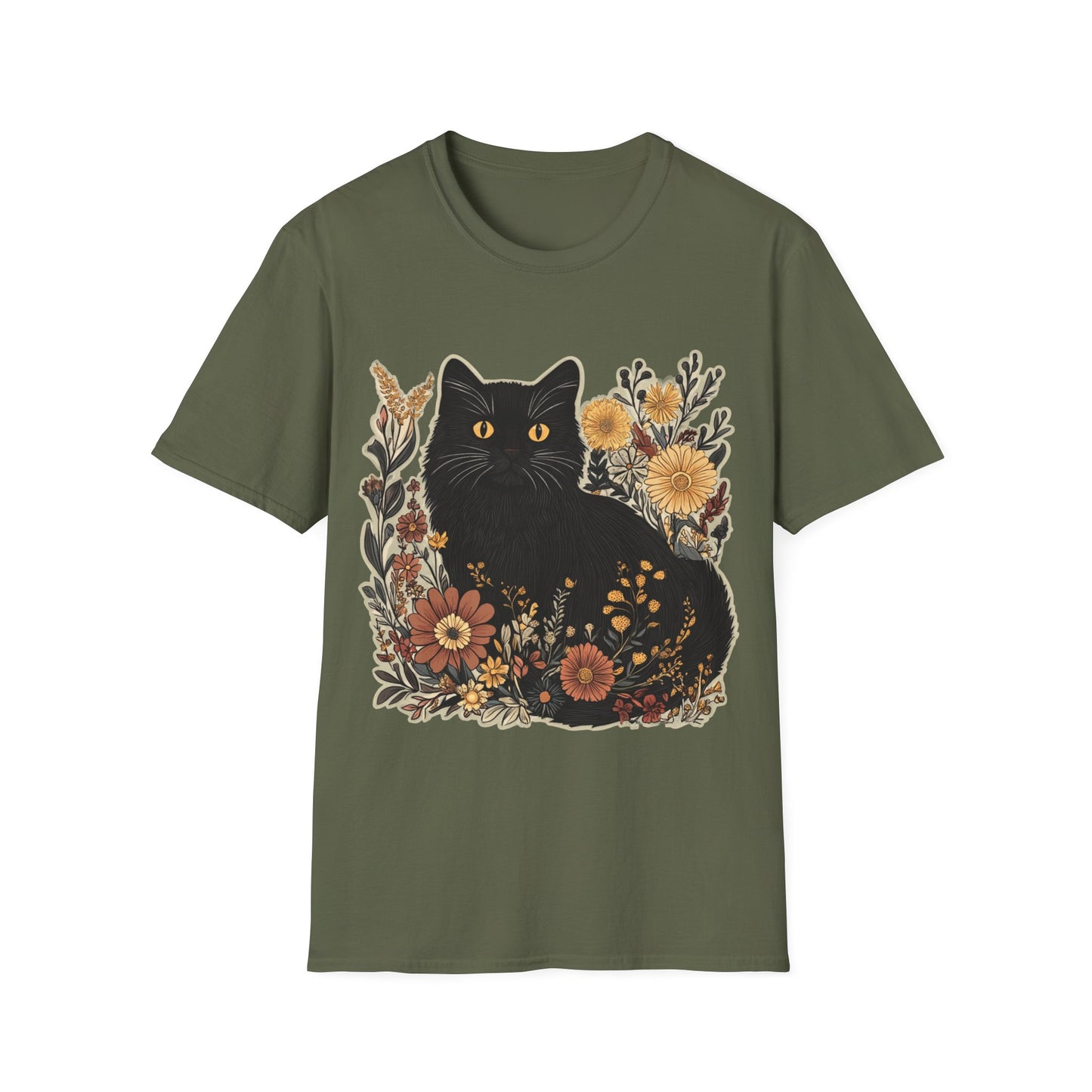 Black Cat Floral Unisex Softstyle T-Shirt