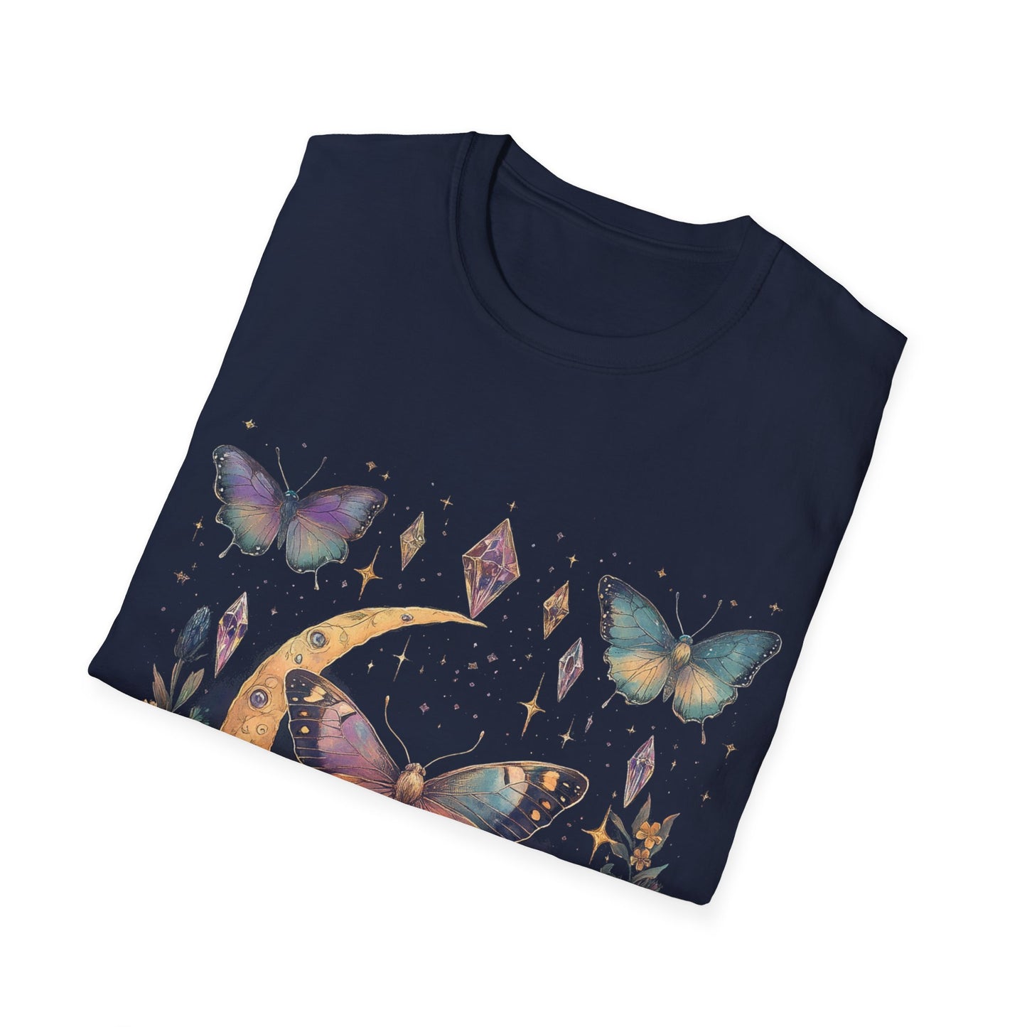 Butterfly & Floral Moon Crystals Crescent Iridescent T-Shirt