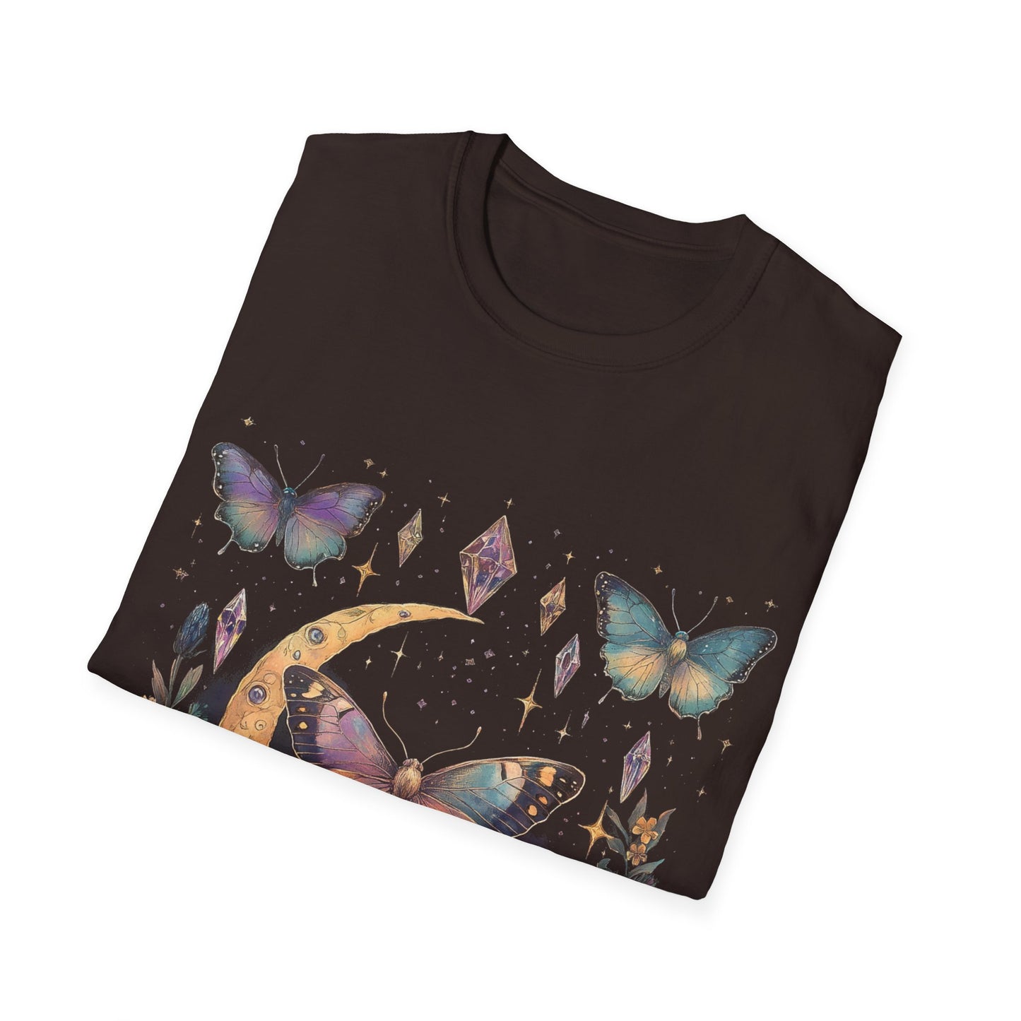 Butterfly & Floral Moon Crystals Crescent Iridescent T-Shirt