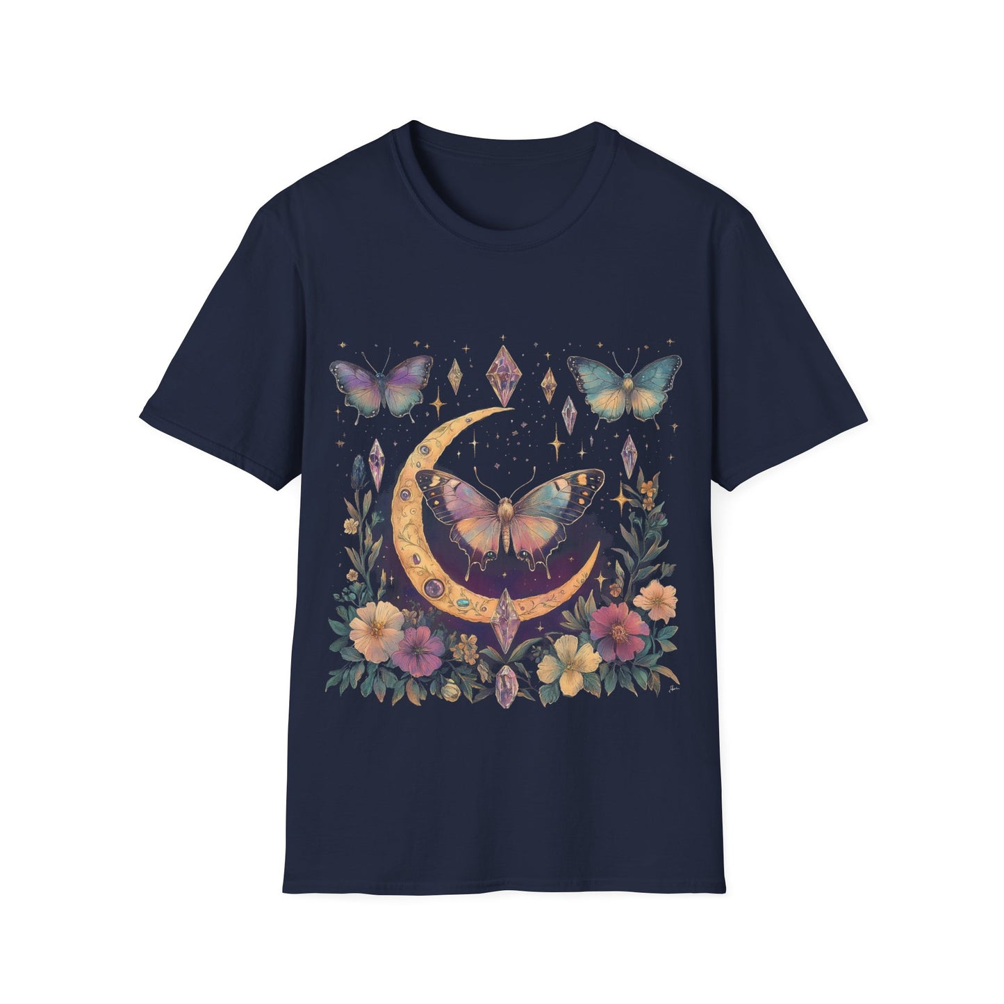 Butterfly & Floral Moon Crystals Crescent Iridescent T-Shirt