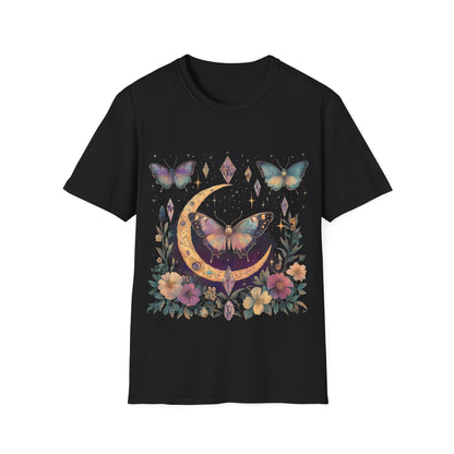 Butterfly & Floral Moon Crystals Crescent Iridescent T-Shirt