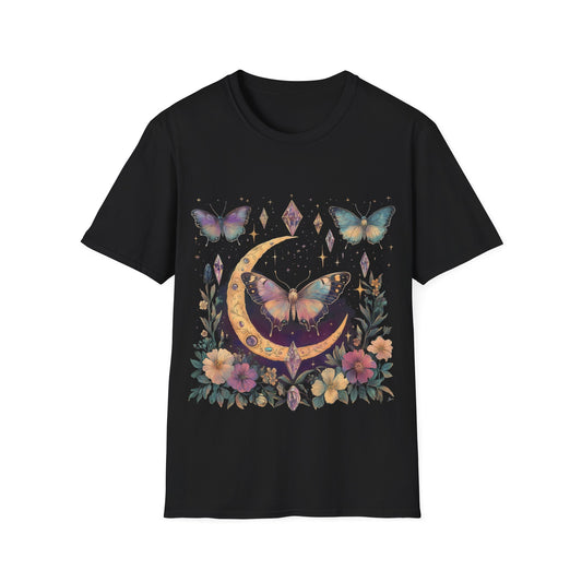 Butterfly & Floral Moon Crystals Crescent Iridescent T-Shirt