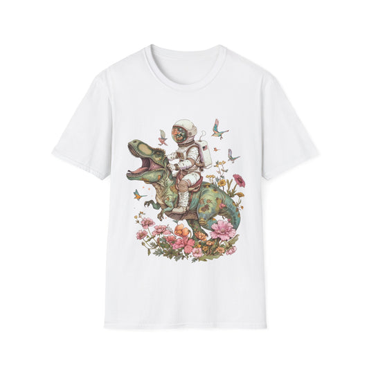 Whimsical Astronaut Riding T Rex Boho Floral T-Shirt