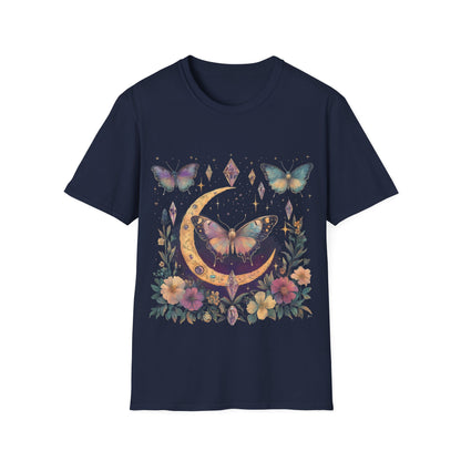 Butterfly & Floral Moon Crystals Crescent Iridescent T-Shirt